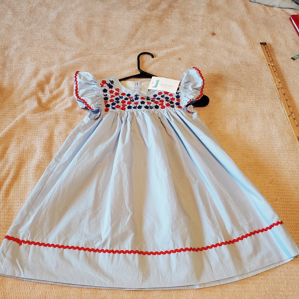 Boots & Bows Smocking Co Blue Gingham Floral Embroidered Ric Rac Dress Kids